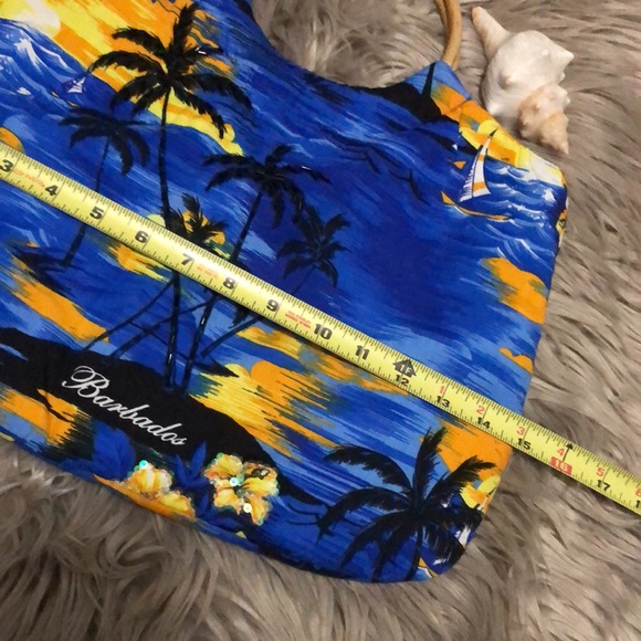 Bahama/Barbados Cloth Bag with Bamboo Handles-15x10-Blue/Black/Orange-EUC - Picture 9 of 13